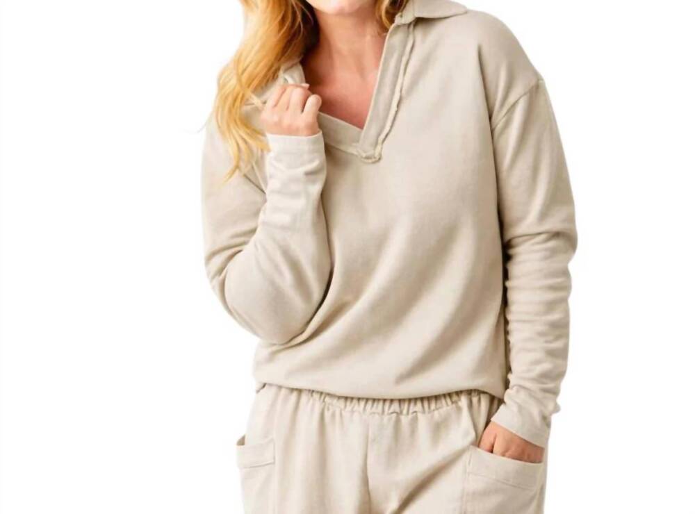 NEW SUZY D whisper raw edge open collar sweatshirt in sand